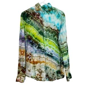 Luca Faloni Tie Dye Linen Button Down Shirt Mens Size Medium 15.5 Green Handmade